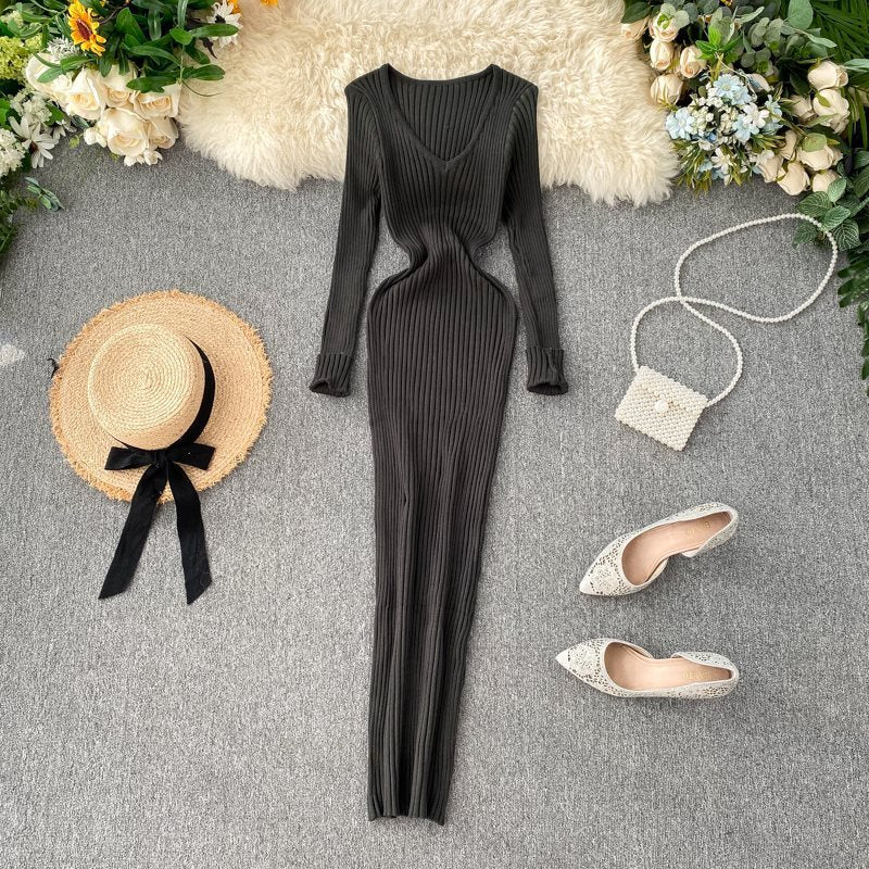 Dress Women Simple Solid Color Long Sleeve Tight