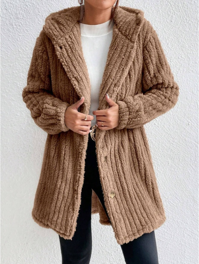 Button Front Hooded Teddy Coat