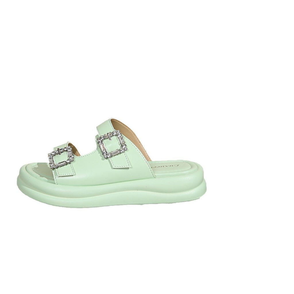 Women's Thick-soled Fashion Double-row Diamond Slippers Vacation Beach Shoes