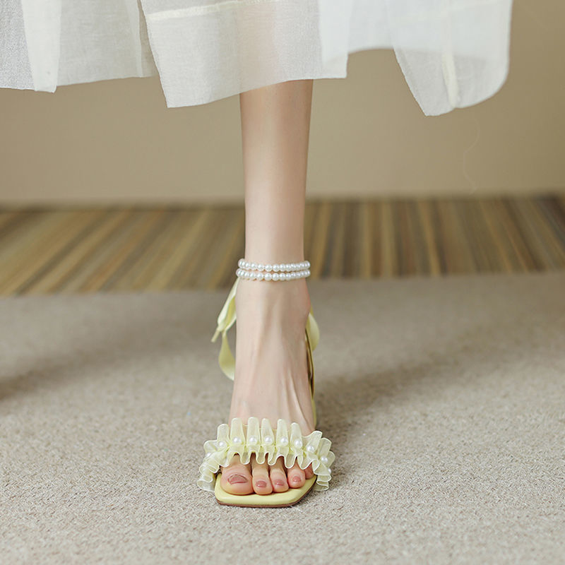 Women's Chunky Heel Pearl Ribbon Sandals