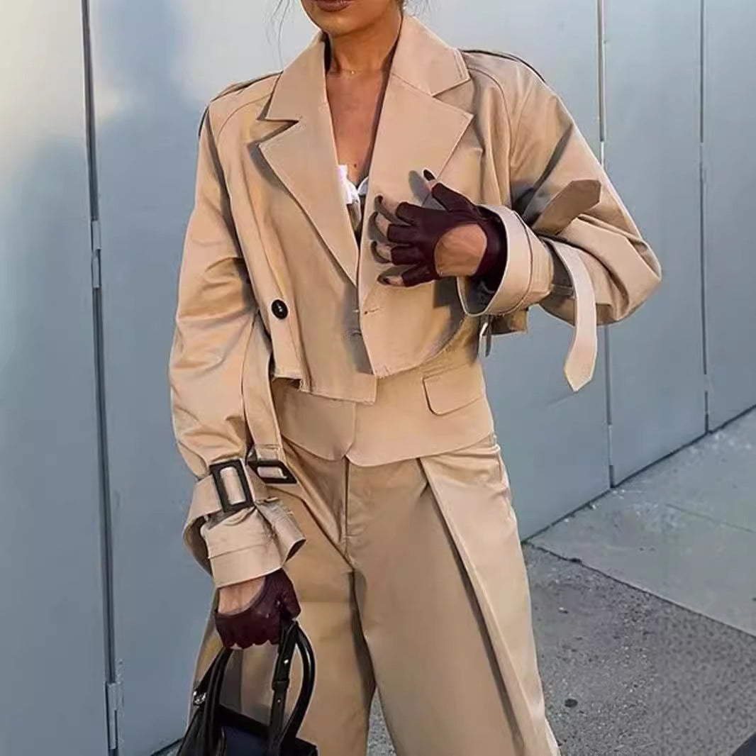 Long Sleeve Short Casual Solid Color Trench Coat