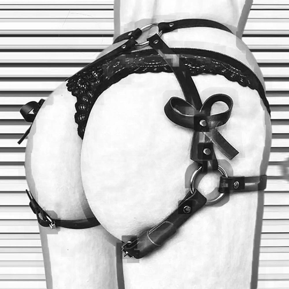 Women's Black Bow Leather Belt Couple Sm Flirting Panties