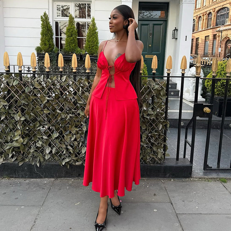 Lace-up Sling Top High Waist Skirt Suit