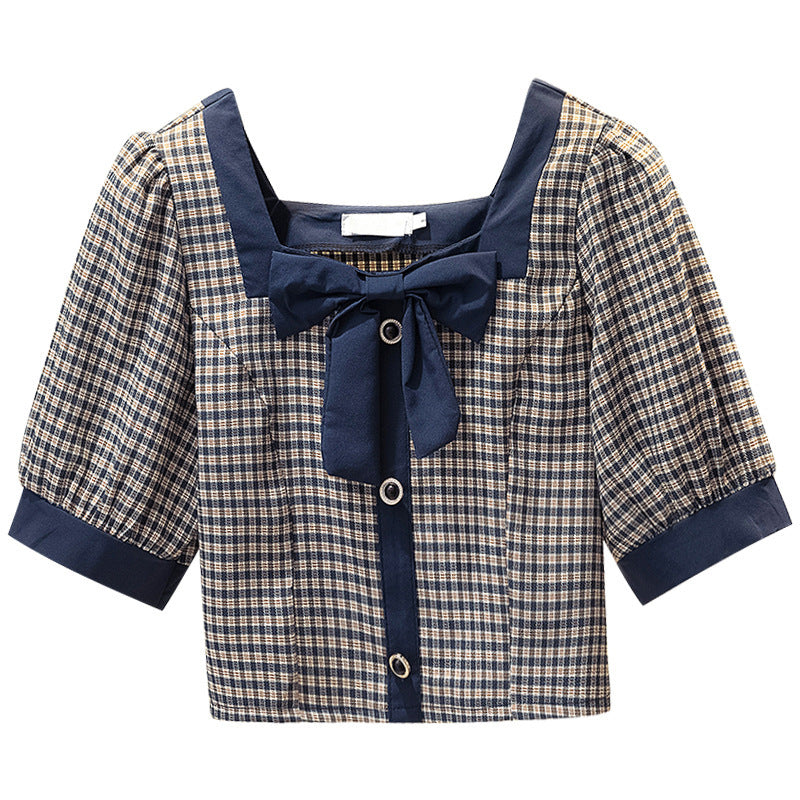 Large Size Women's Summer New Design Sense Niche Square Collar Short Puff Sleeve Top And Fat Sister Plaid Shirt