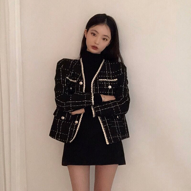 Contrasting Pearl Button Loose Pocket Long Sleeve Tweed Short Coat