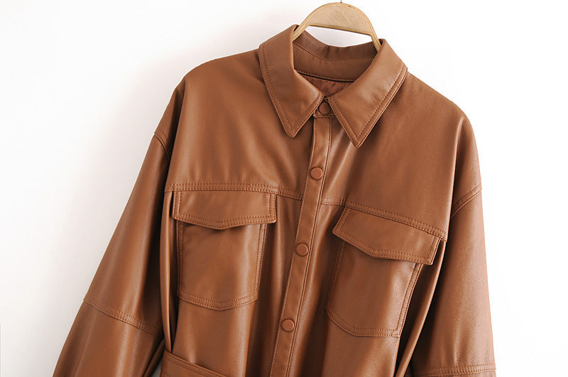 Women's Mid-Length Tunic Leather Shirt Jacket