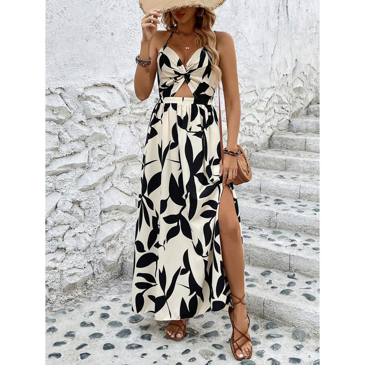 European And American Summer Women's Hollow Pleated Halterneck Printed Dress