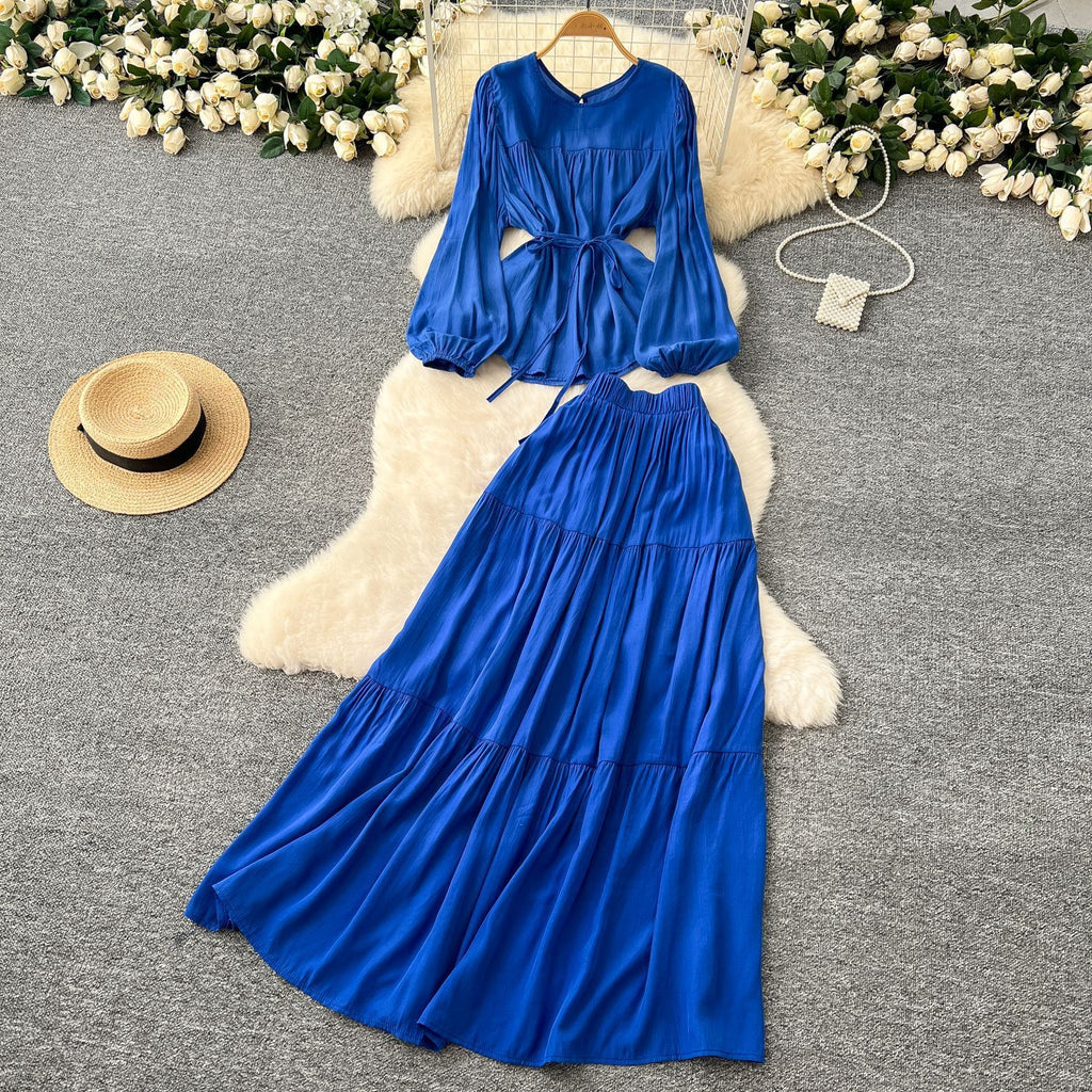 Suit Women's Spring French Style Lace-up Waist-controlled Round Neck Long Sleeve Shirt High Waist Drooping Skirt