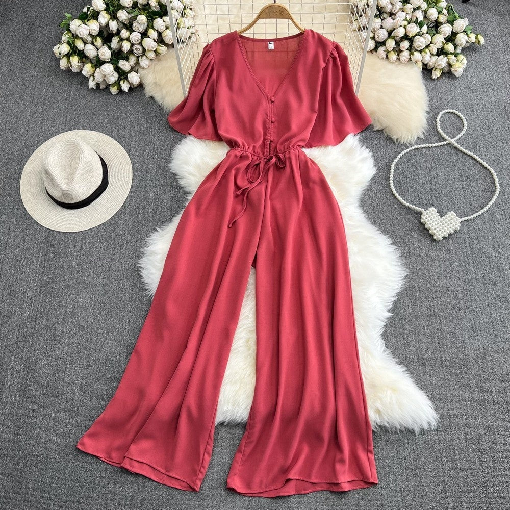 Fashion Flared Sleeves Collar Casual High Waist Slimming Jumpsuit