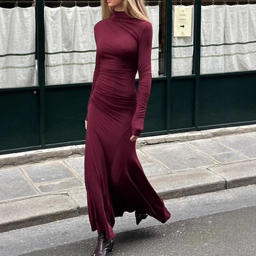 Elegant Slim Fit Half-high Collar Long Sleeves Hip Long Dress