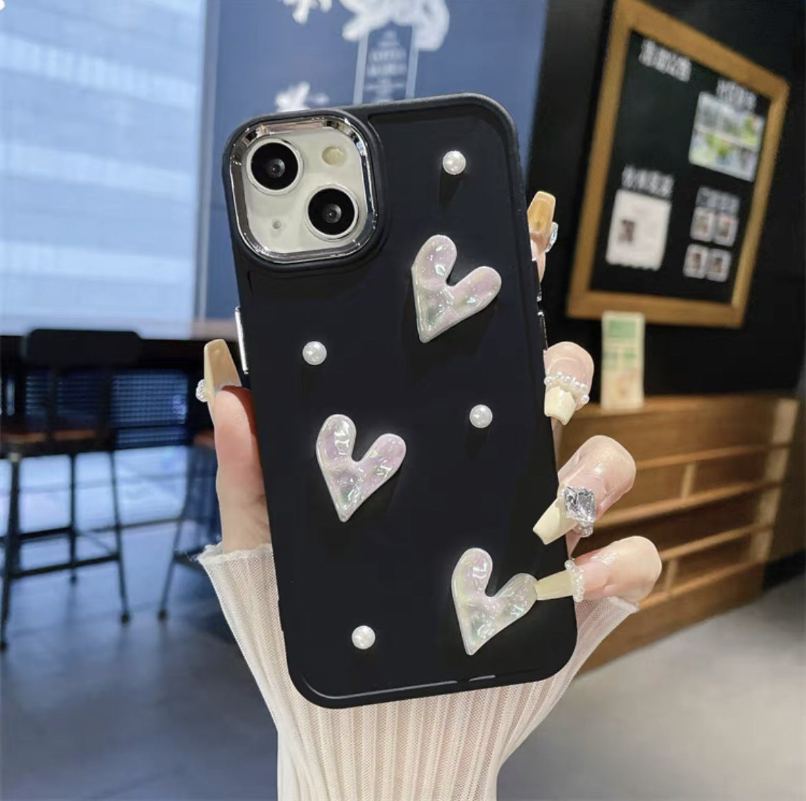 Milky White Cute Small Pearl Pleated Heart Mobile Phone Shell