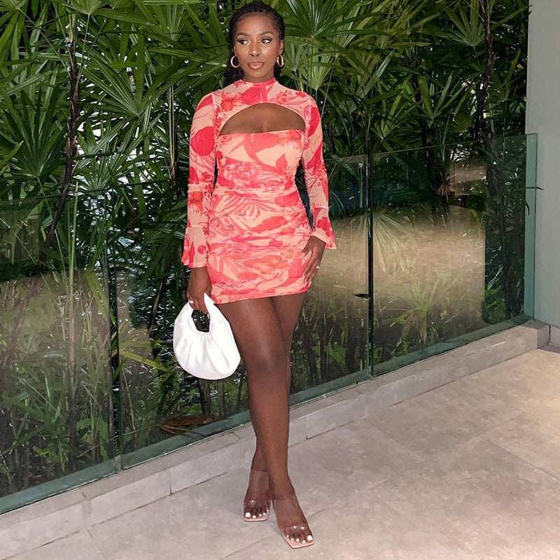 Women's Fashion Printed Flare Sleeve Hollow Out Dress