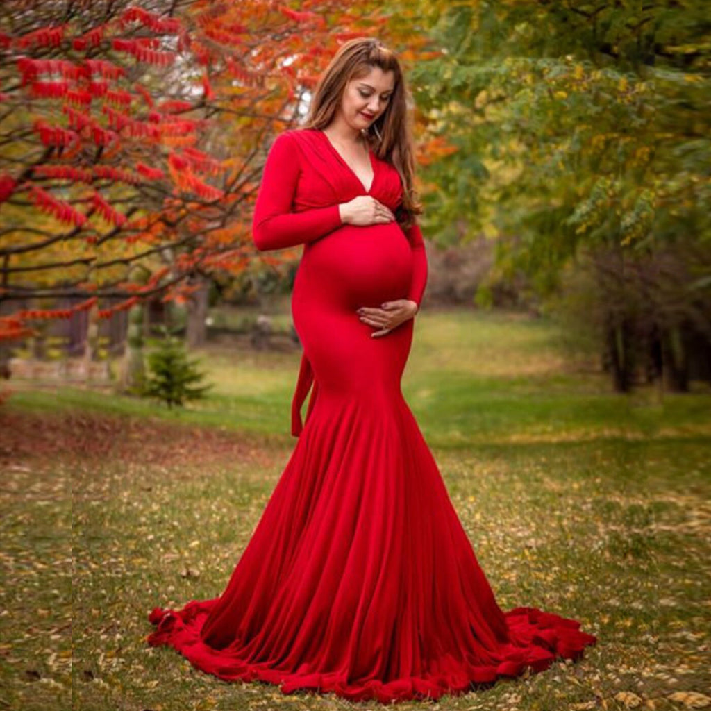 Mercerized Cotton Maternity V-neck Mop Long Sleeve Long Dress
