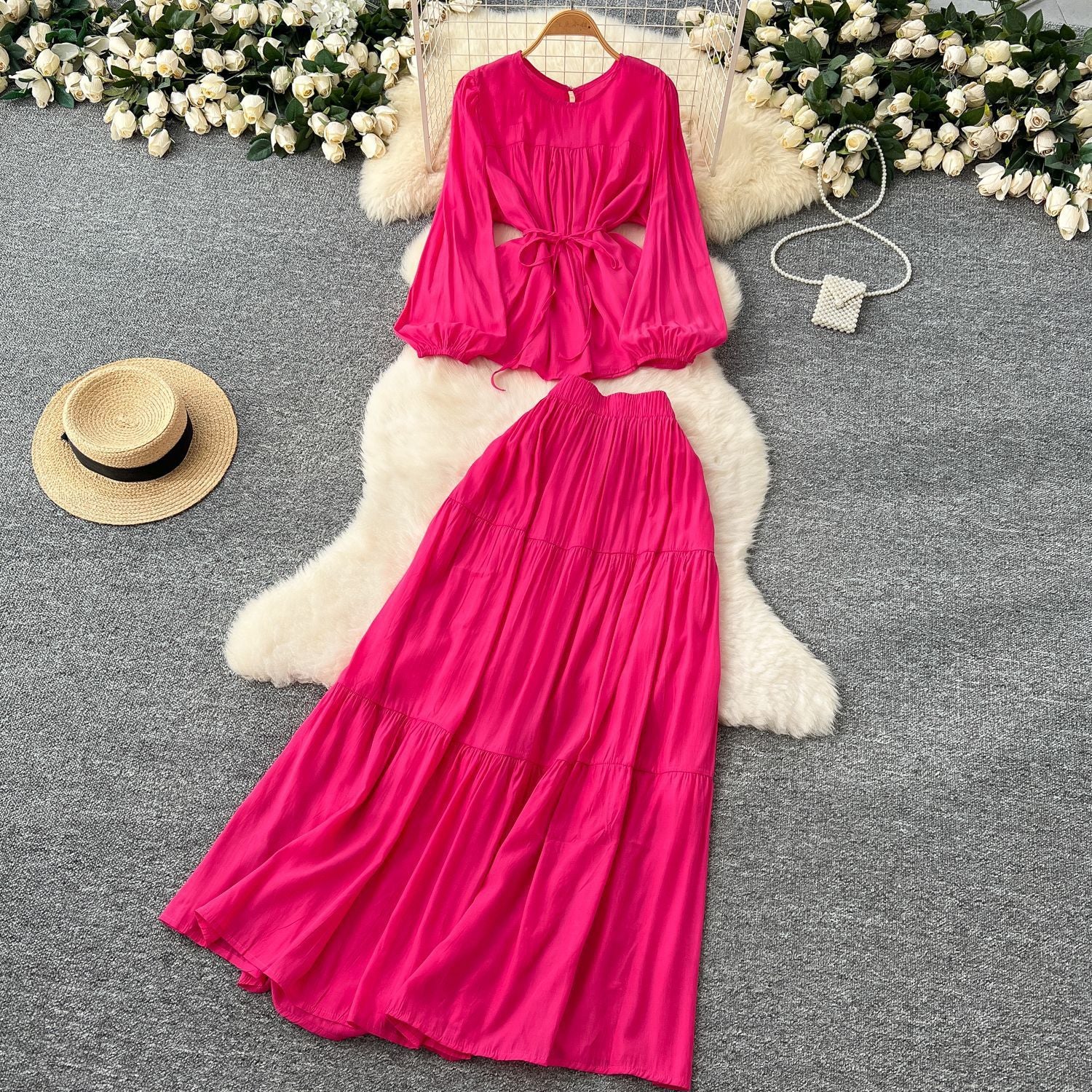 Suit Women's Spring French Style Lace-up Waist-controlled Round Neck Long Sleeve Shirt High Waist Drooping Skirt