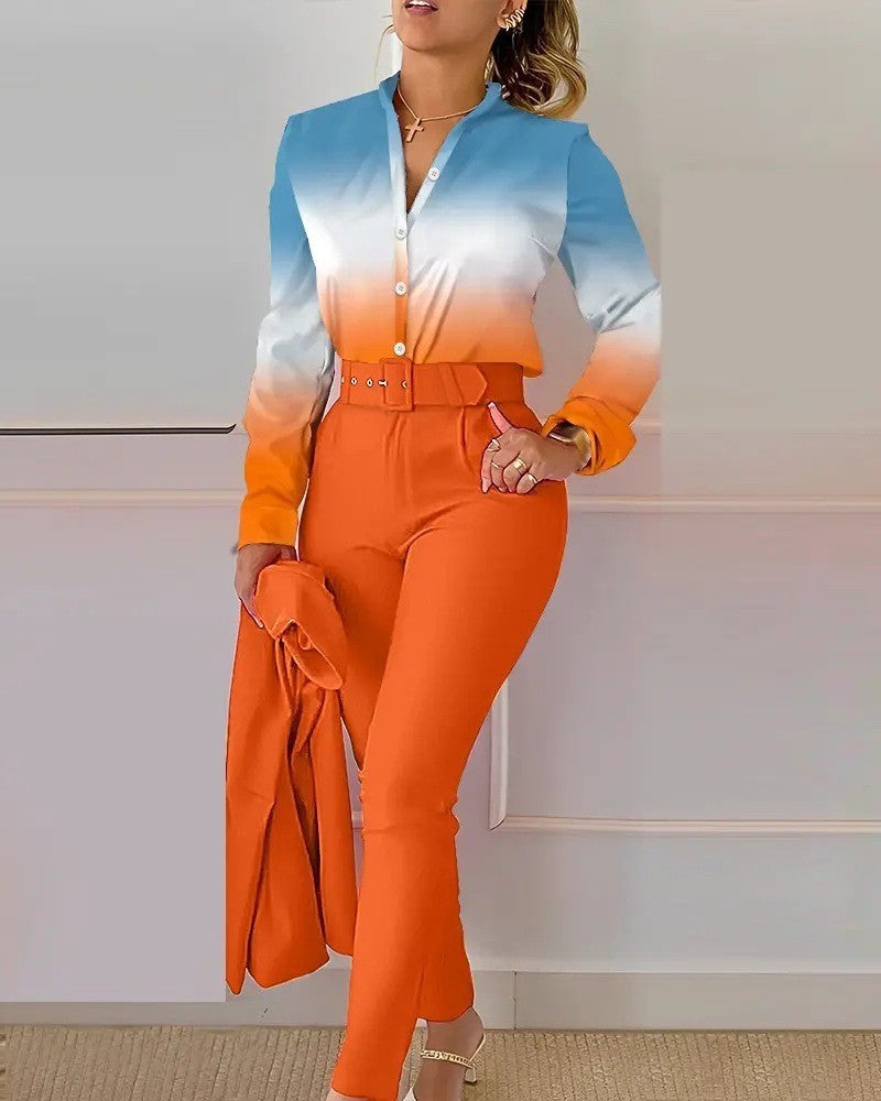 Printed Long-sleeved Top Solid Color Pants Suit With Belt