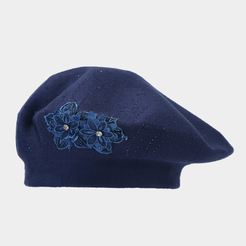 British Retro Beret Women's Fashion Flower Rhinestone Knitted Painting