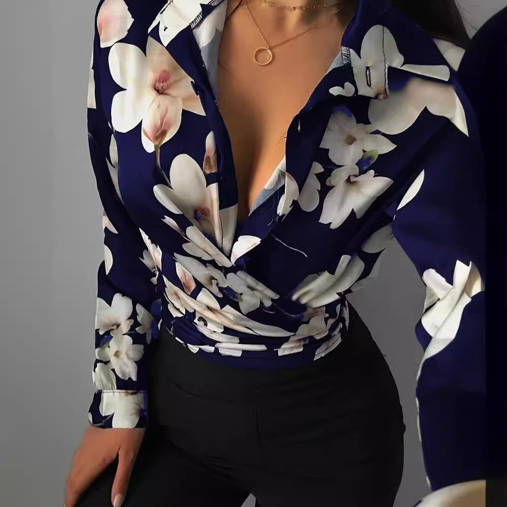 Women's Loose Long-sleeved V-neck Printed Shirt