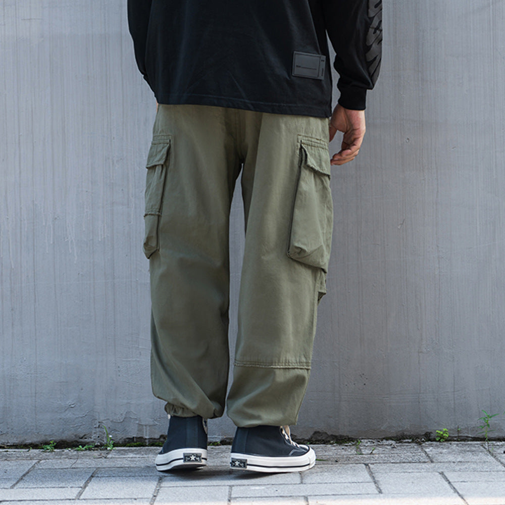 Men's Elastic Waist Loose Straight Multi-pocket Cargo Pants