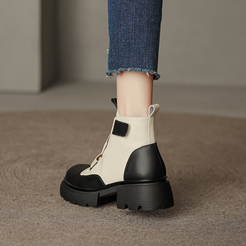 Women's French Retro Small Thick Sole Leather Martin Boots