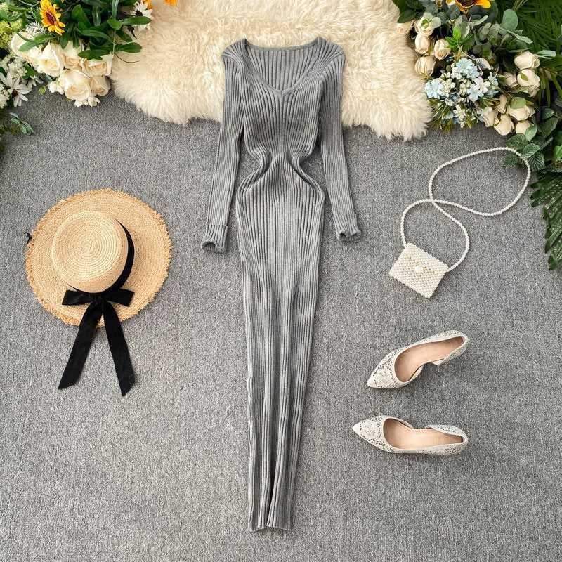 Dress Women Simple Solid Color Long Sleeve Tight