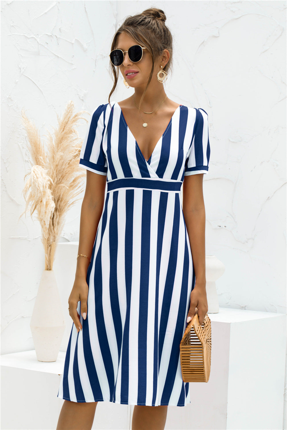 Printed V-neck Striped Short Sleeve Dress