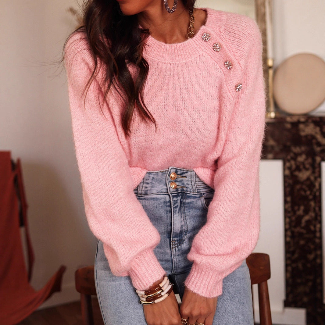 Solid Color Raglan Sleeve Round Neck Button Sweater