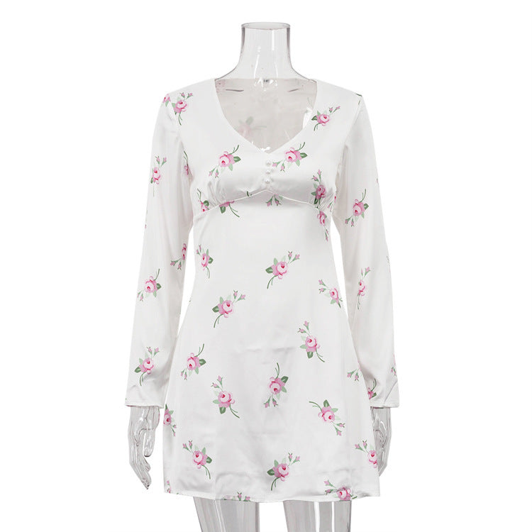 Long Sleeve V-neck Satin Printed Mini Dress