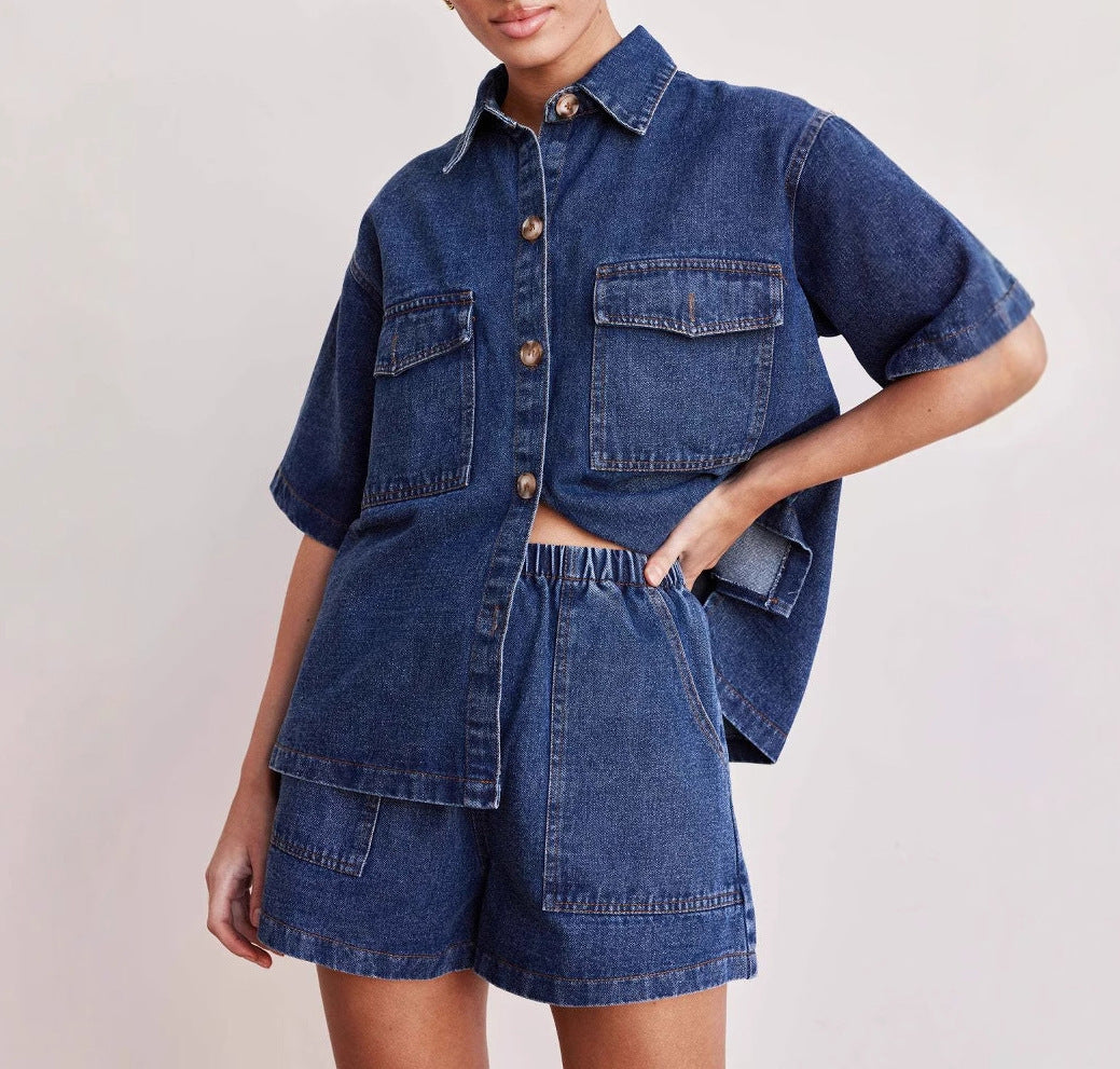Women's Loose Pockets Short-sleeved Shirt Suit