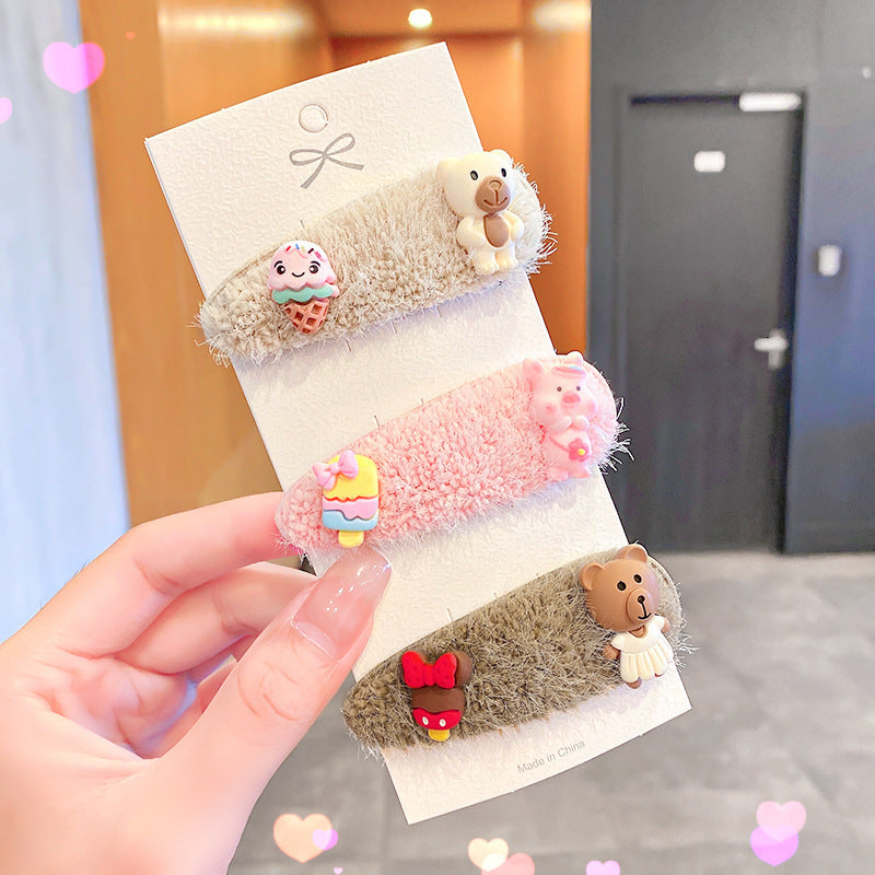 Children Cartoon Plush Bear Hairpin 3 Sets