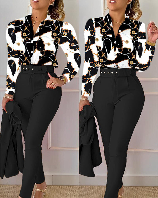 Printed Long-sleeved Top Solid Color Pants Suit With Belt