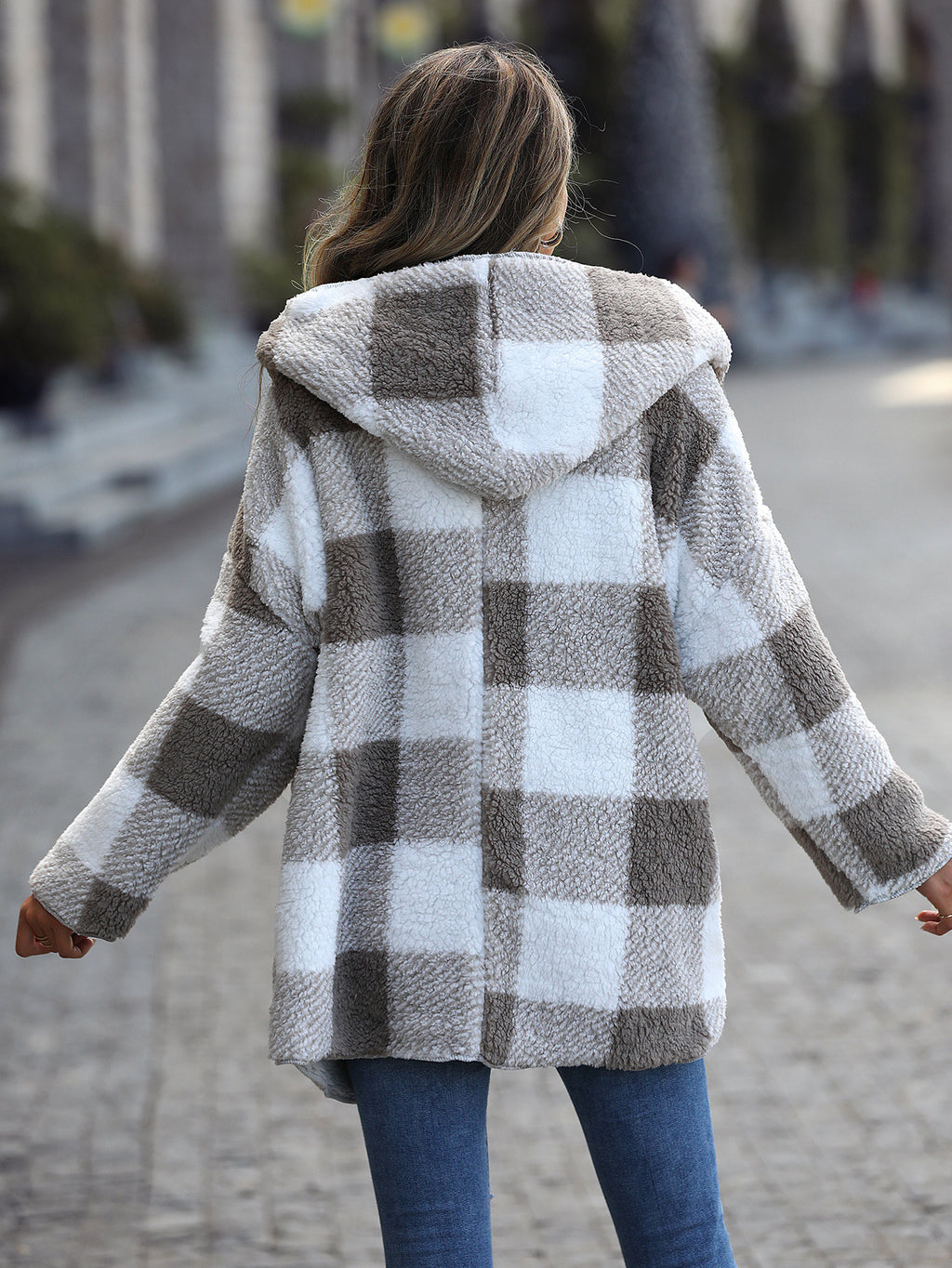 Women's Plush Hooded Plaid Bubble Velvet Buckle-free Coat