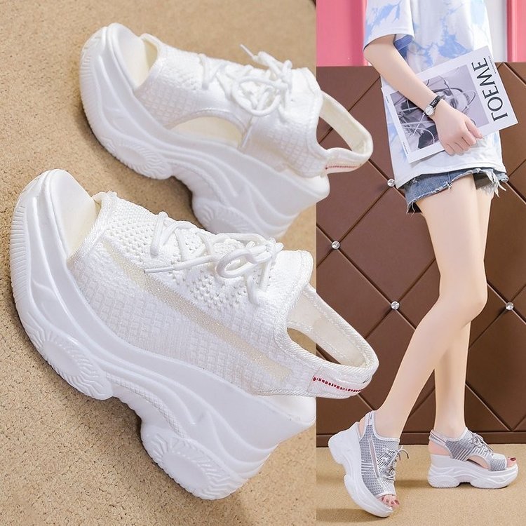 Women's Platform Mesh Surface Breathable Lace-up Wedge Sandals