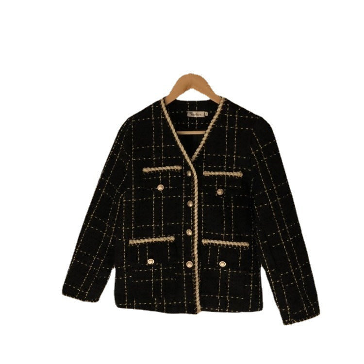 Contrasting Pearl Button Loose Pocket Long Sleeve Tweed Short Coat