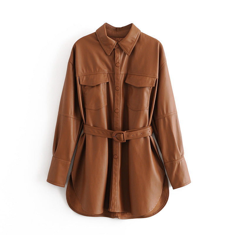 Women's Mid-Length Tunic Leather Shirt Jacket