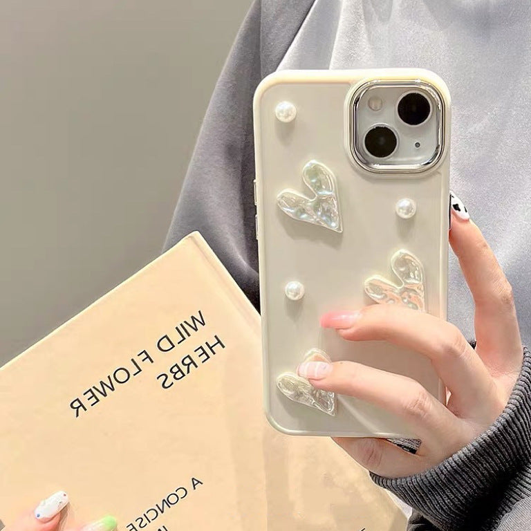 Milky White Cute Small Pearl Pleated Heart Mobile Phone Shell