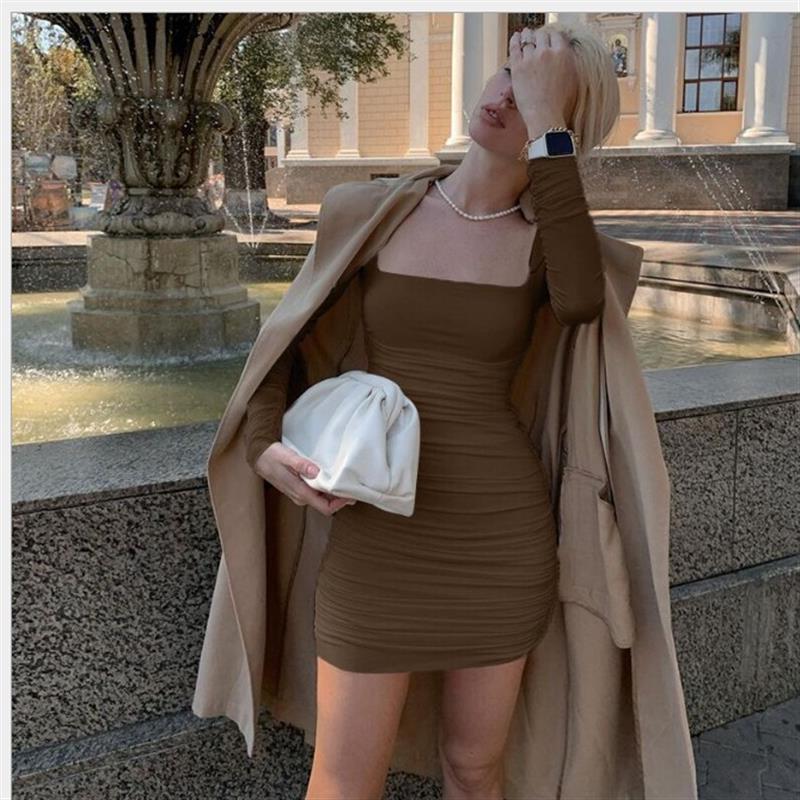 Pure color basic slim slimming pleated hip dress