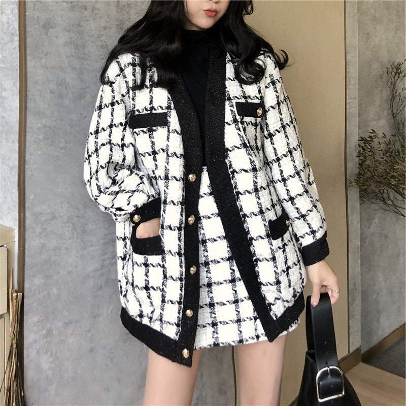 Women's Fashion Plaid Jacket Short Skirt Set