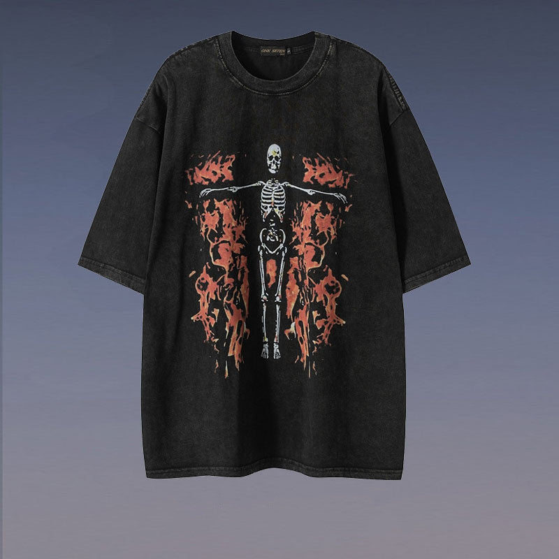 High Street Vintage Fashion Skull Flame Print T-shirt
