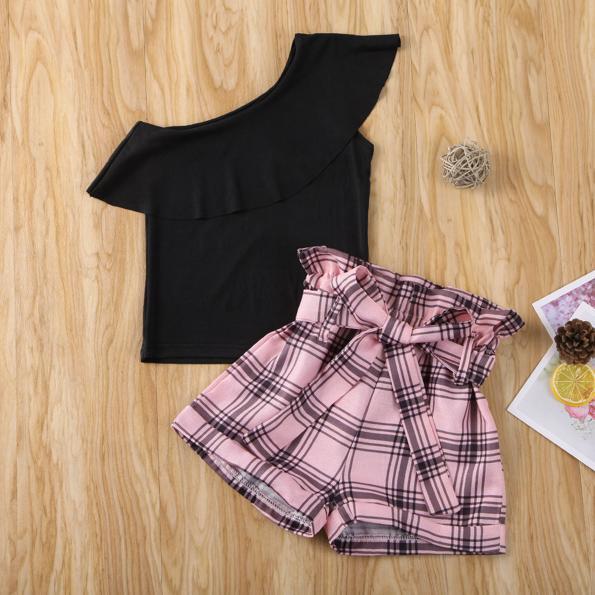 Girls' One Shoulder Ruffled T-shirt Shorts Set