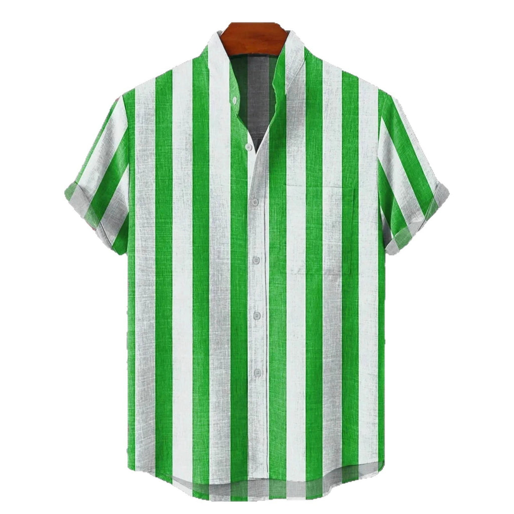 Men's Stand Collar Contrast Color Striped Casual Cool Versatile Short Sleeve