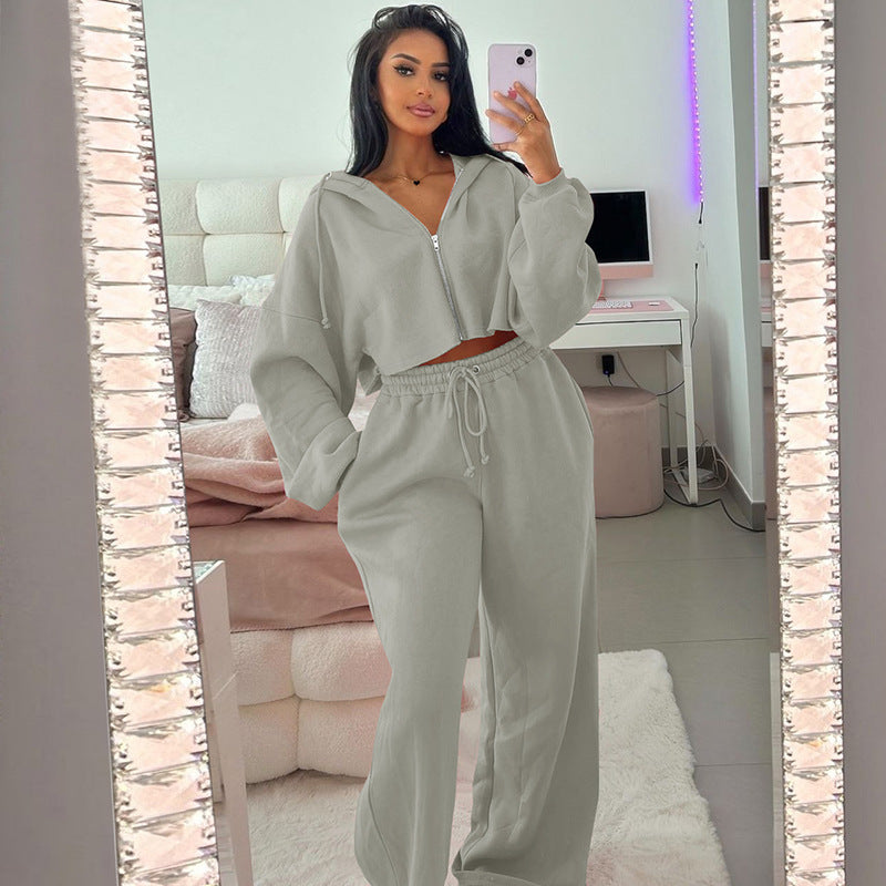 European And American Fashion Zipper Hooded Midriff-baring Top Slim Casual Trousers Suit