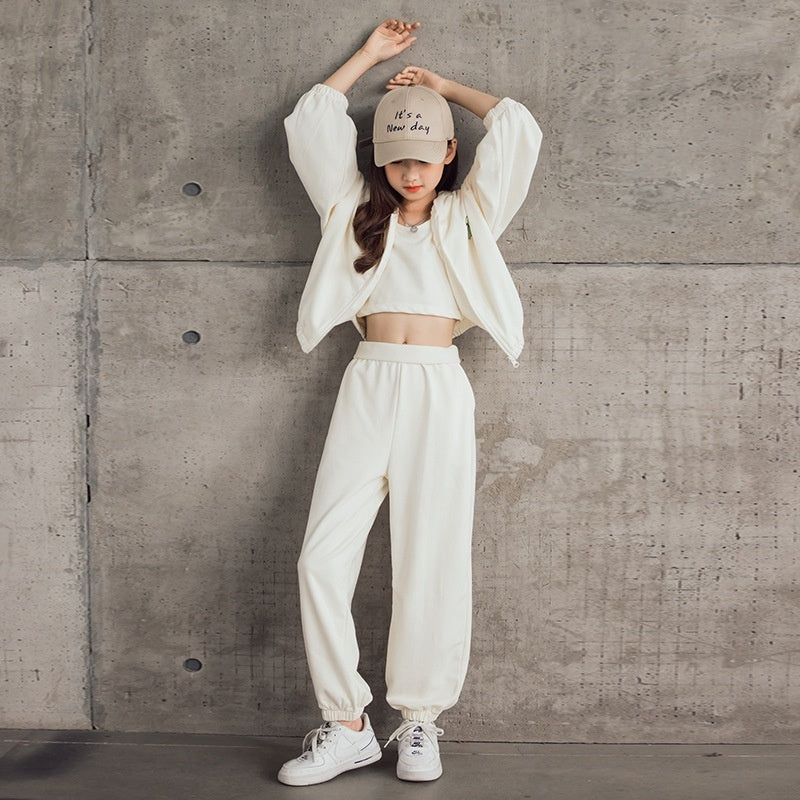 Korean Style Zip-up Shirt Casual Pants Three-piece Children's Sportswear