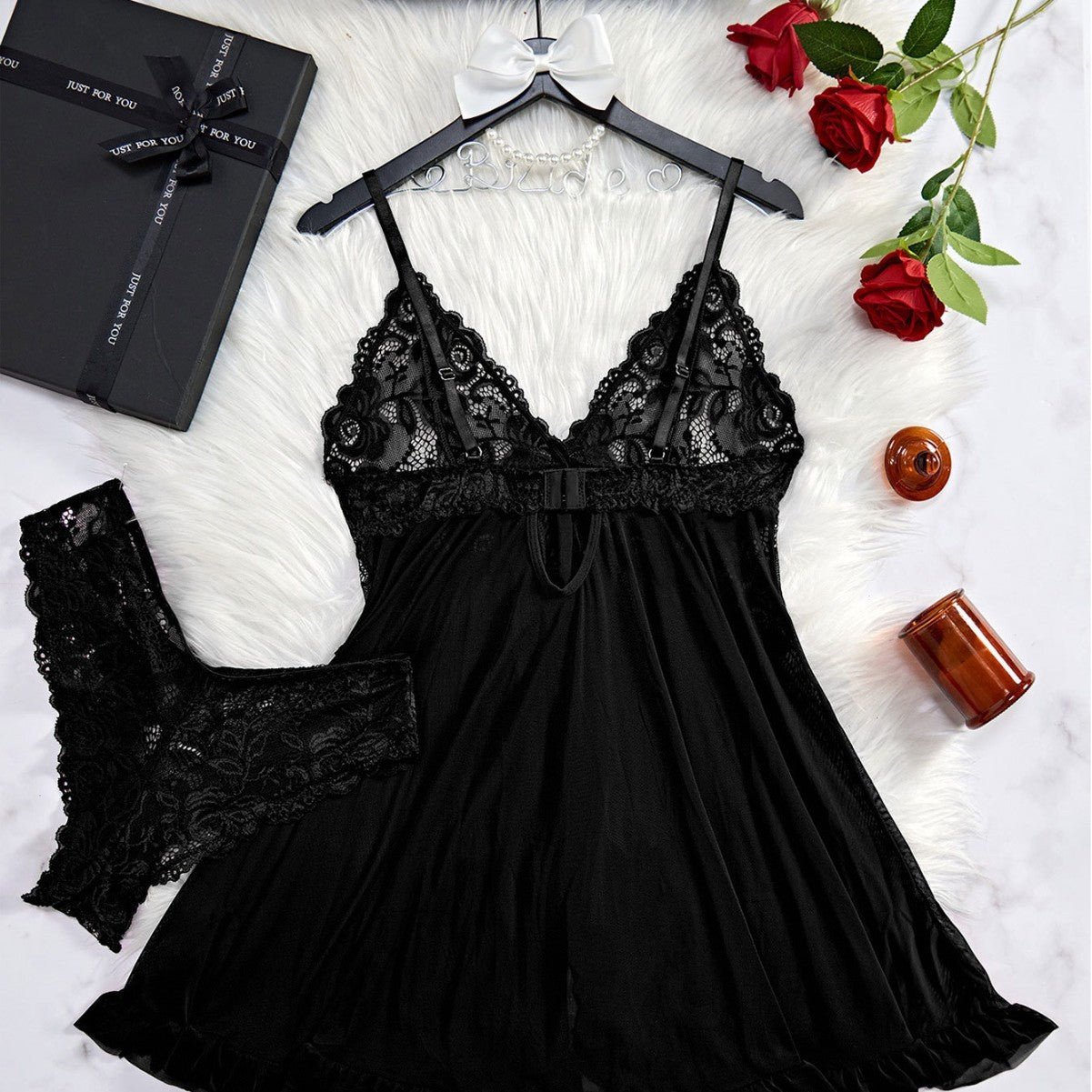 Two-piece Suspender Dress Mesh Transparent Nightdress