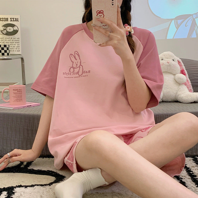 Women's Summer Cute Cartoon Short Sleeve Pajamas Suit