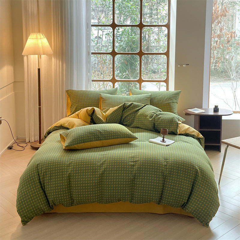 Houndstooth Cotton Double-layer Yarn Four-piece Set Single Fitted Sheet Quilt Cover