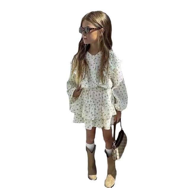 Girls' Autumn Floral Lace Shirt Tiered Skirt Children Two-piece Set