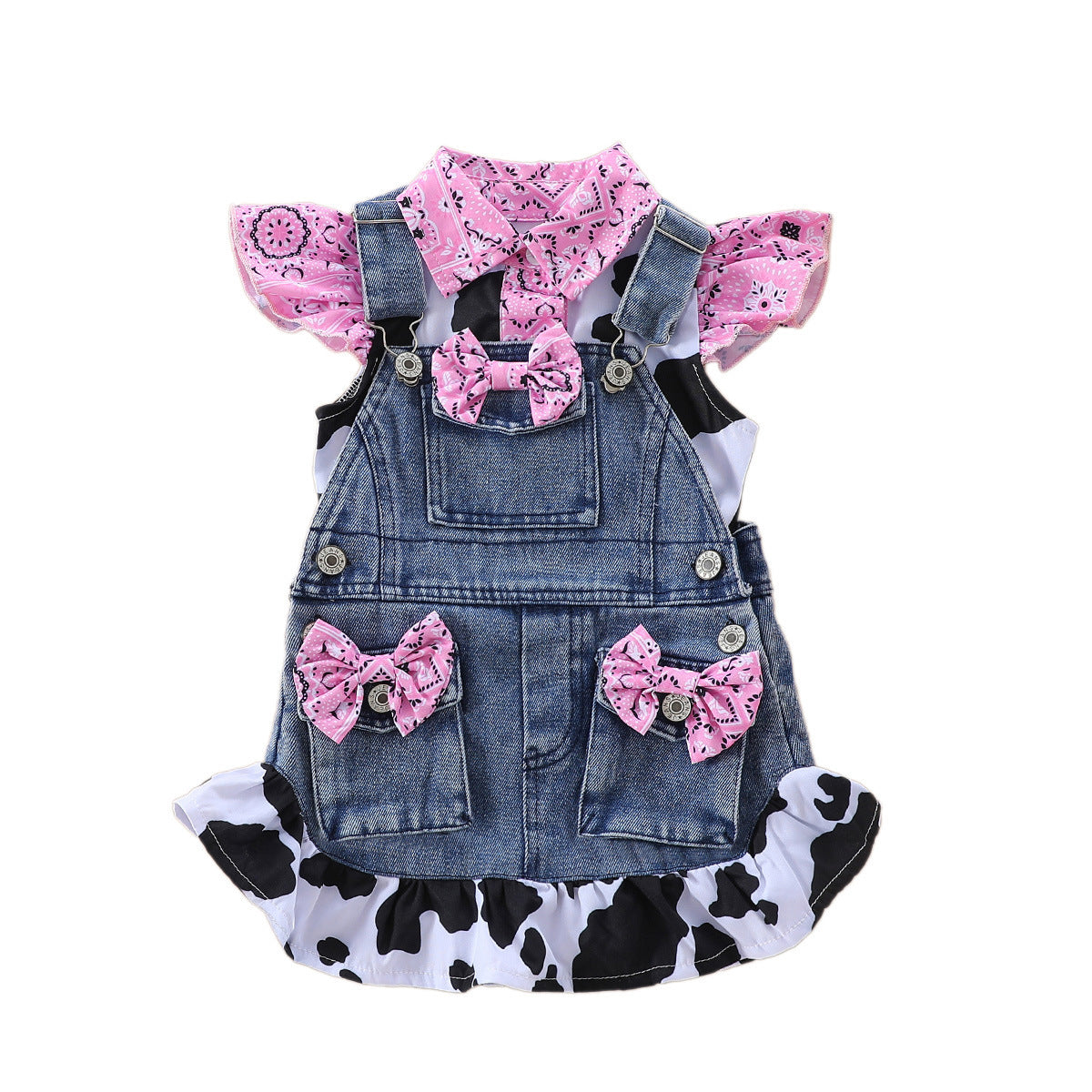 Cow Print Shirt Top Bow Denim Carrier Shorts