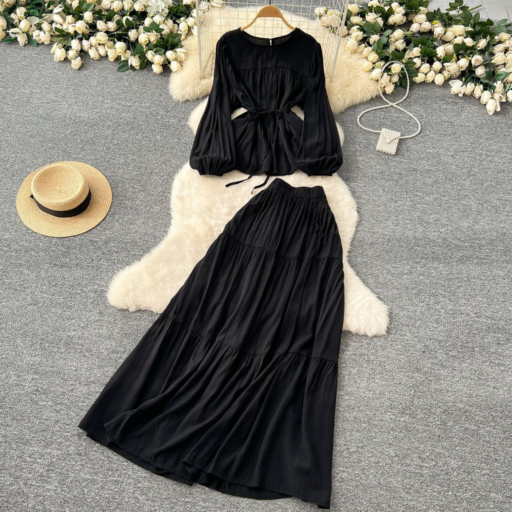 Suit Women's Spring French Style Lace-up Waist-controlled Round Neck Long Sleeve Shirt High Waist Drooping Skirt
