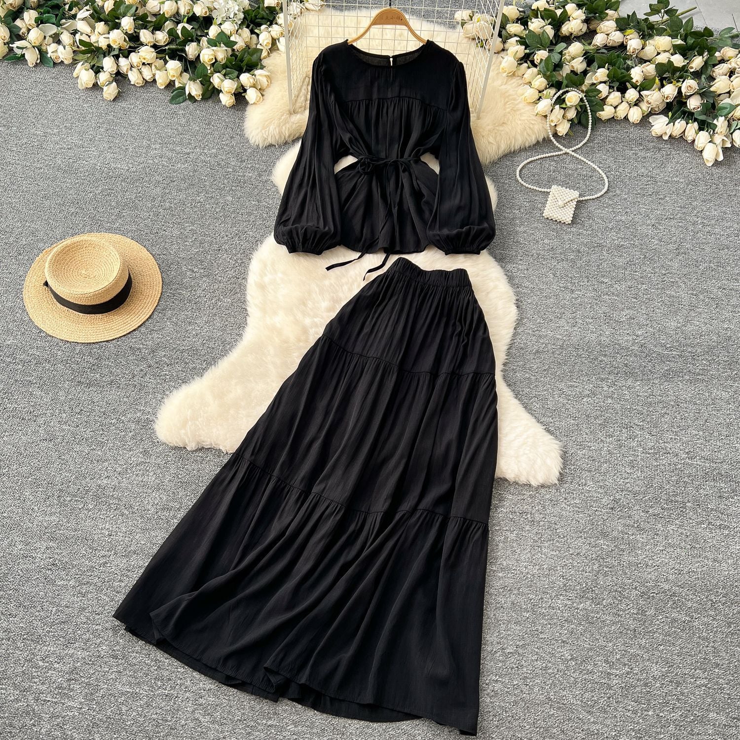 Suit Women's Spring French Style Lace-up Waist-controlled Round Neck Long Sleeve Shirt High Waist Drooping Skirt