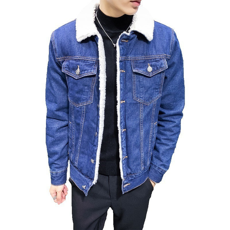 Plush Thick Denim Jacket Male Lamb Wool Denim Cotton Jacket Plus Size